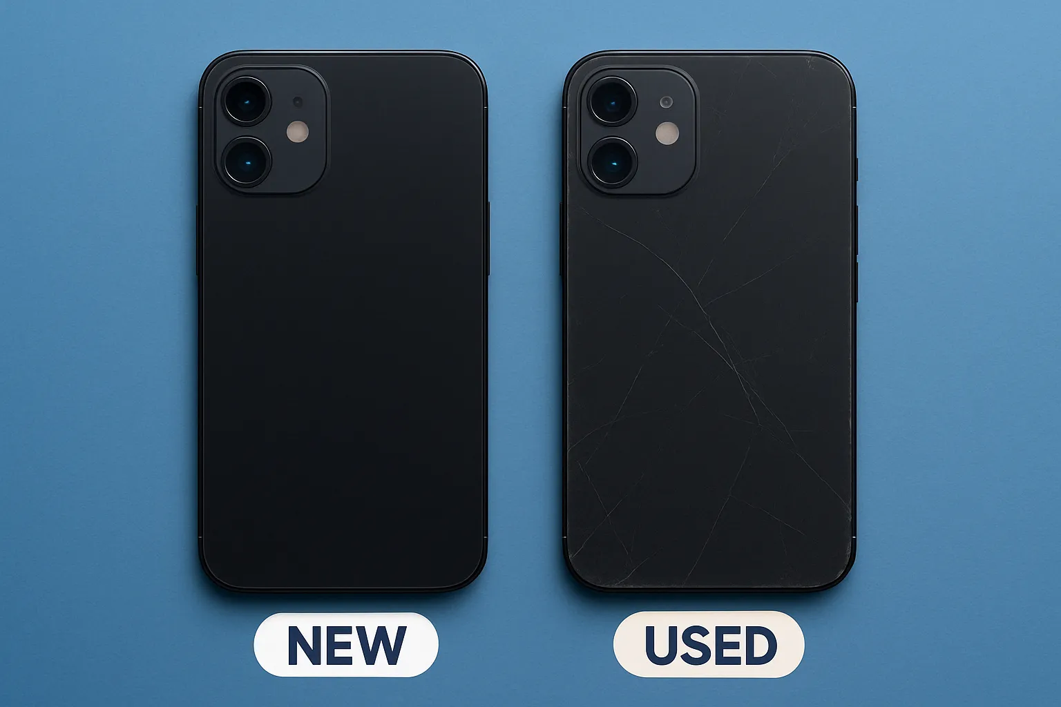 مقایسه گوشی نو و کارکرده از نظر ظاهر فیزیکی؛ گوشی جدید بدون خط و خش و گوشی کارکرده با بدنه‌ی خراشیده روی زمینه آبی. 