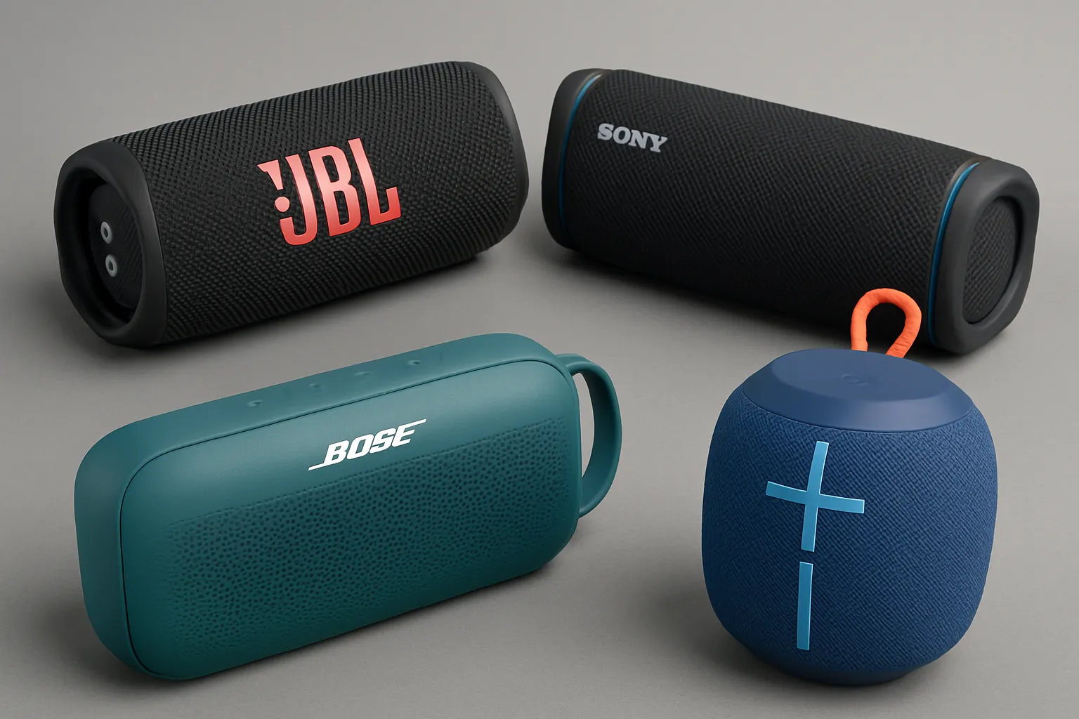 مقایسه تصویری اسپیکرهای بلوتوثی پرطرفدار شامل JBL Flip 6، Sony SRS-XB33، Bose SoundLink Flex و Ultimate Ears Wonderboom 3 روی پس‌زمینه طوسی با طراحی متنوع