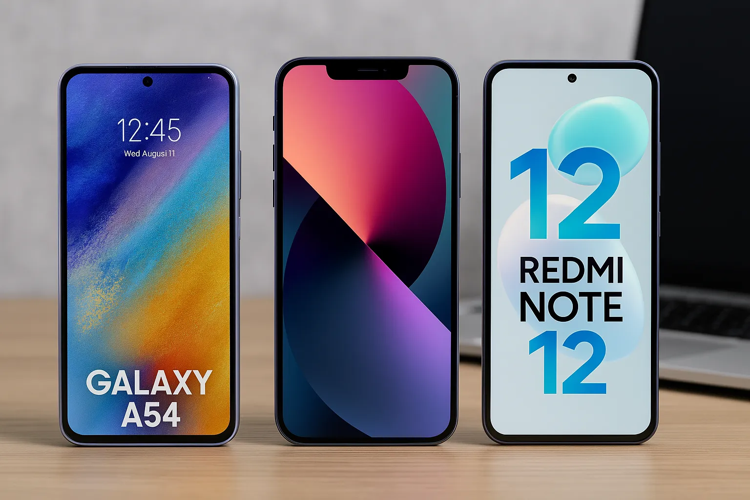 نمایی از گوشیهای پرطرفدار برای خرید قسطی شامل سامسونگ Galaxy A54، آیفون 13 و شیائومی ردمی نوت 12 روی میز چوبی